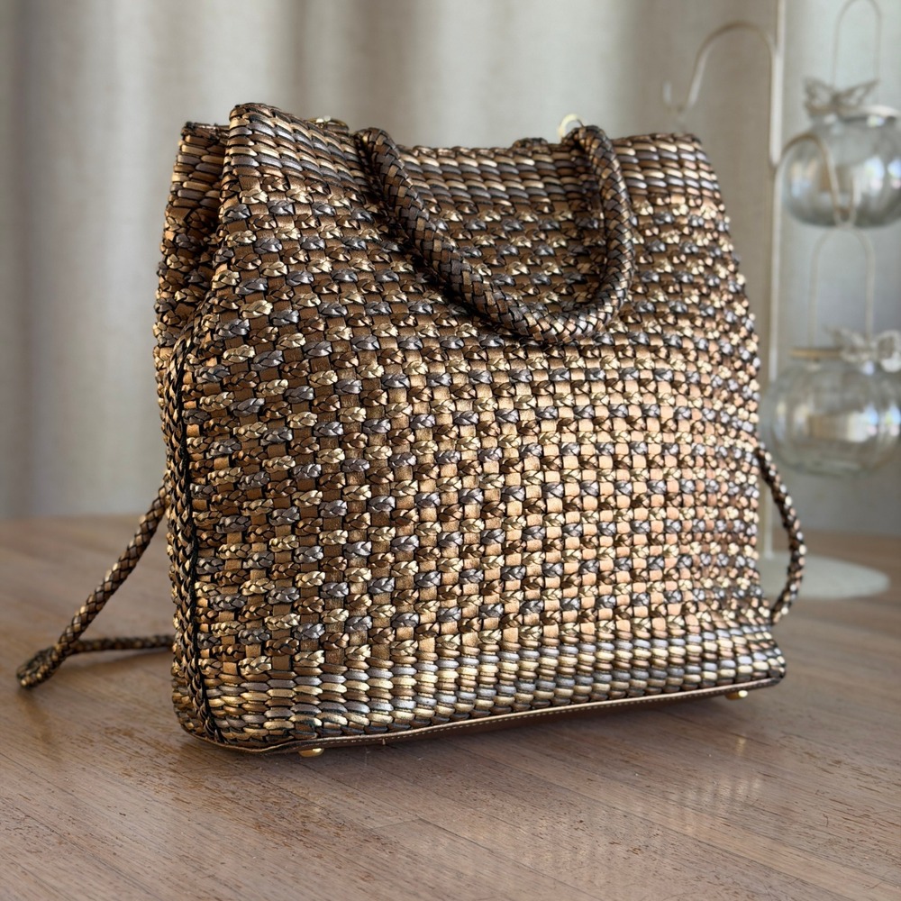 Vtg 90s CEM Woven Metallic Satchel Bag Gold Bronze Silver Evening Party Purse